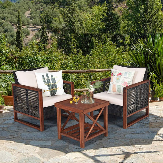 3 Pieces Outdoor Patio Furniture Set Wicker Chairs with Coffee Table, Balcony Porch Furniture Bistro Set with Wood Frame and Washable Cushions for Garden Poolside Backyard - Purely Goods
