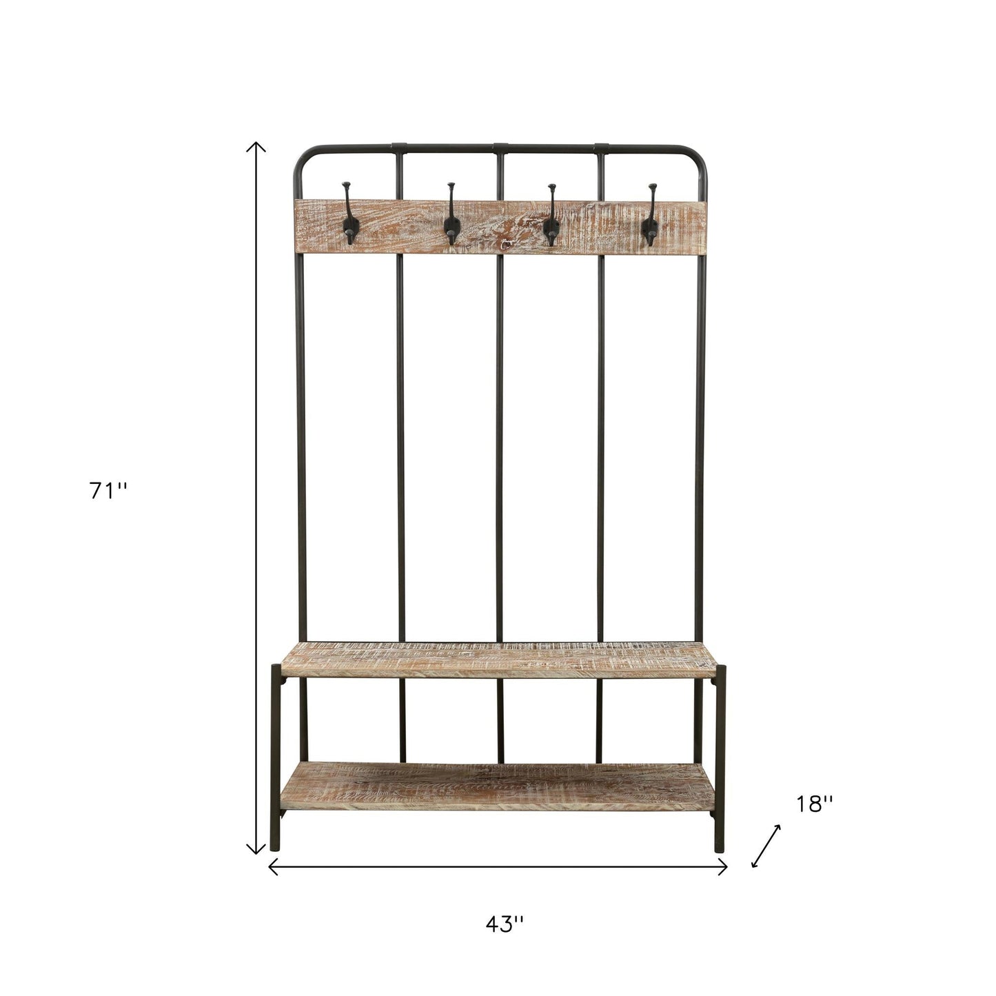 71" Black And Brown Metal And Solid Wood Four Hooks Freestanding Coat Rack - Purely Goods