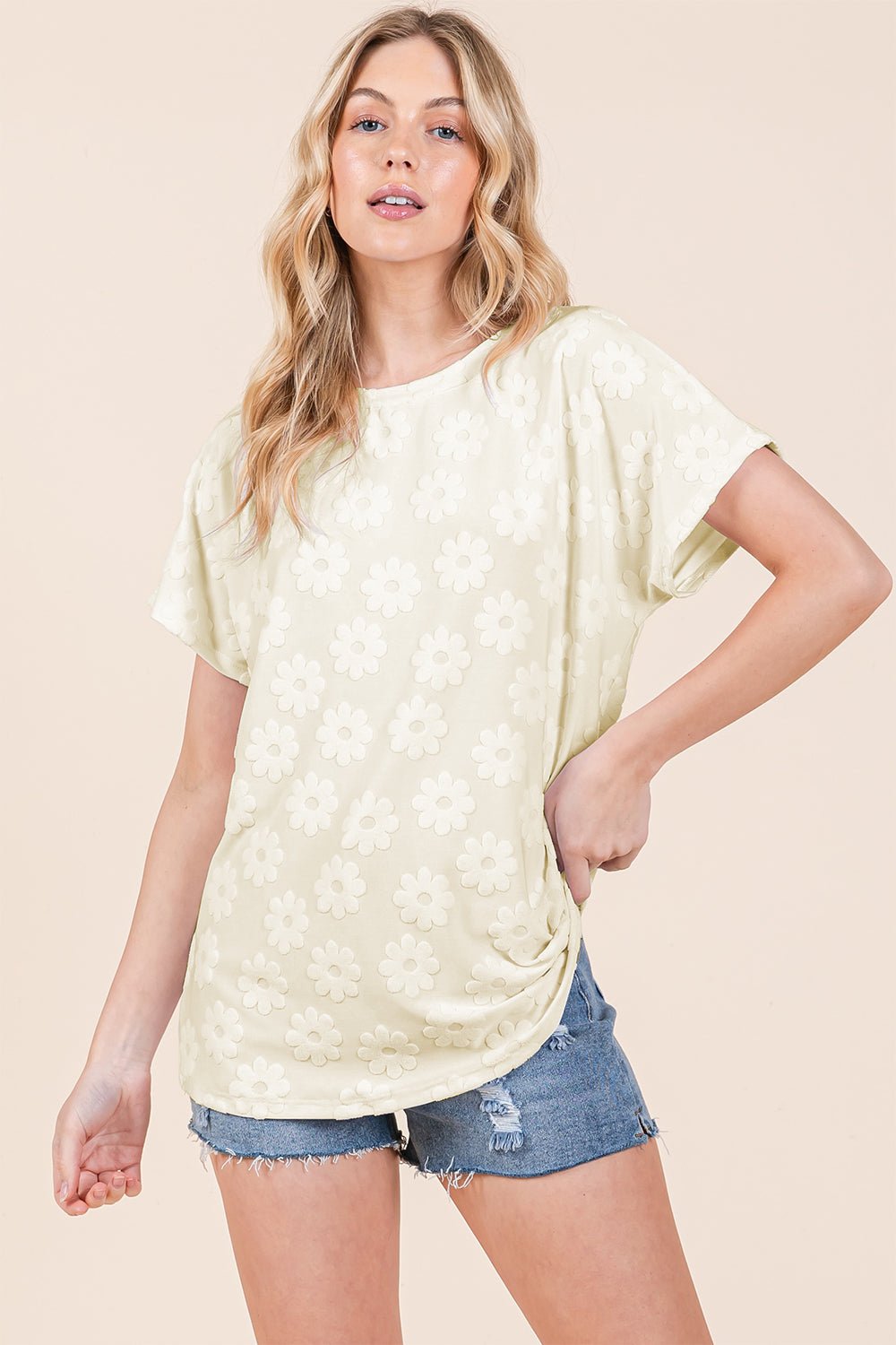 BOMBOM Textured Floral Pattern Short Sleeve T-Shirt - Purely Goods