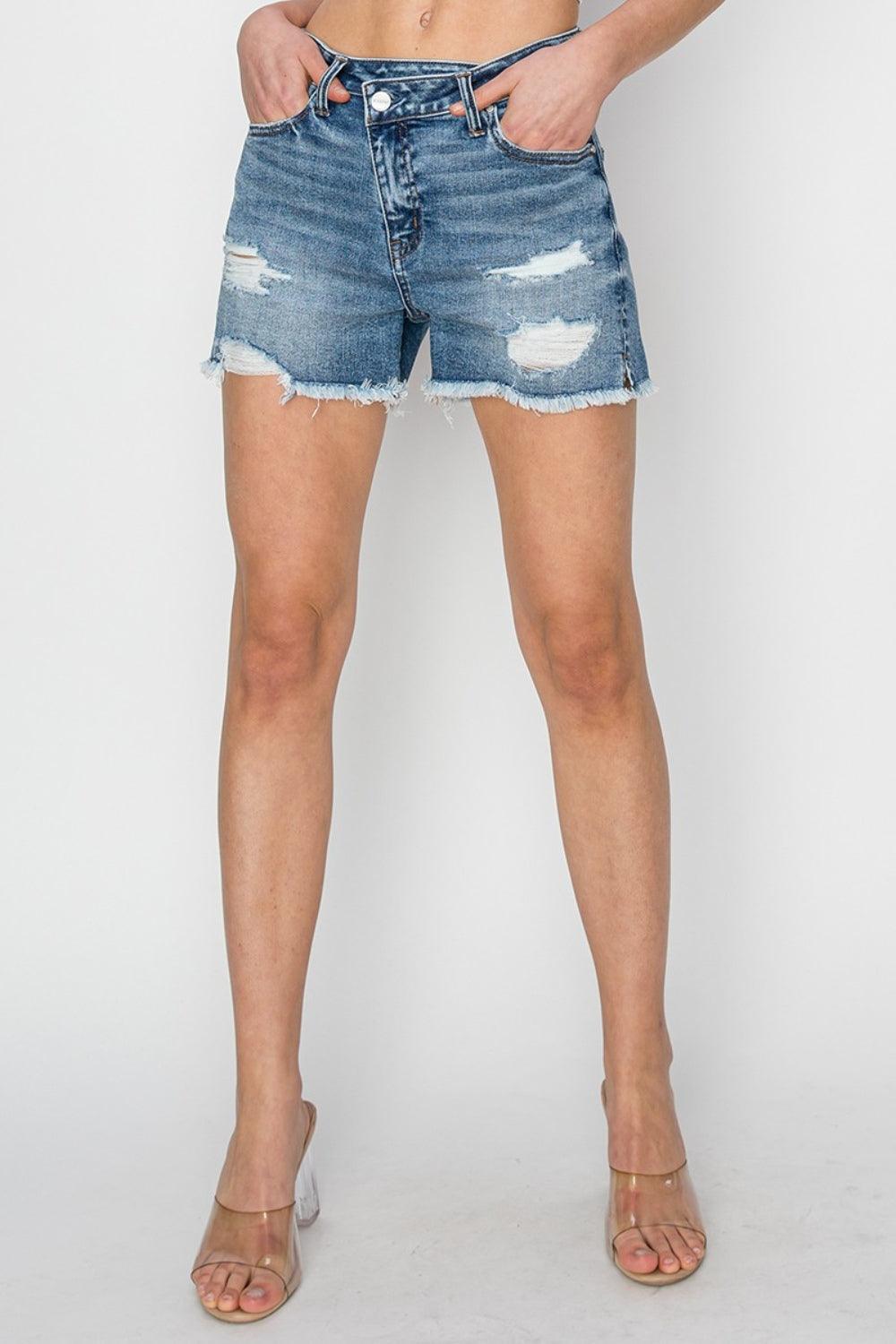 RISEN Stepped Waist Frayed Denim Shorts - Purely Goods