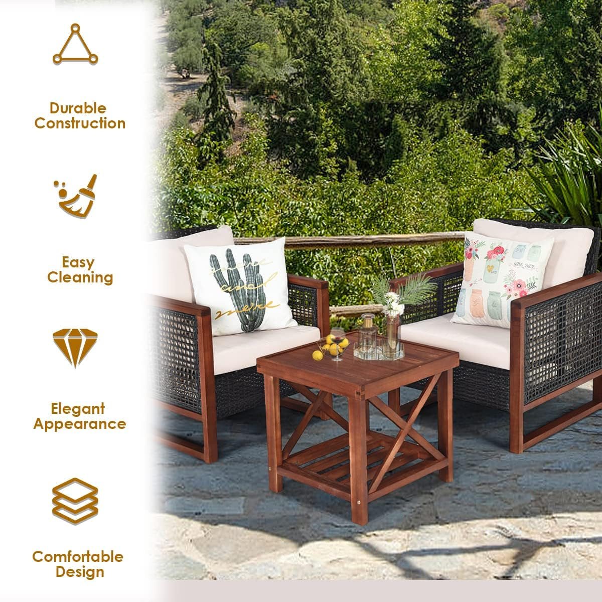 3 Pieces Outdoor Patio Furniture Set Wicker Chairs with Coffee Table, Balcony Porch Furniture Bistro Set with Wood Frame and Washable Cushions for Garden Poolside Backyard - Purely Goods