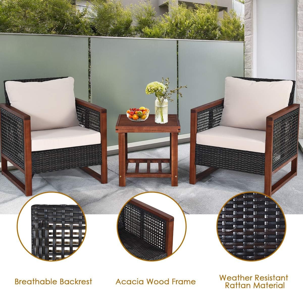 3 Pieces Outdoor Patio Furniture Set Wicker Chairs with Coffee Table, Balcony Porch Furniture Bistro Set with Wood Frame and Washable Cushions for Garden Poolside Backyard - Purely Goods