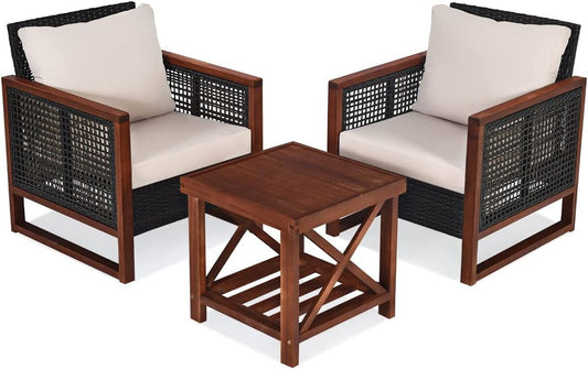 3 Pieces Outdoor Patio Furniture Set Wicker Chairs with Coffee Table, Balcony Porch Furniture Bistro Set with Wood Frame and Washable Cushions for Garden Poolside Backyard - Purely Goods