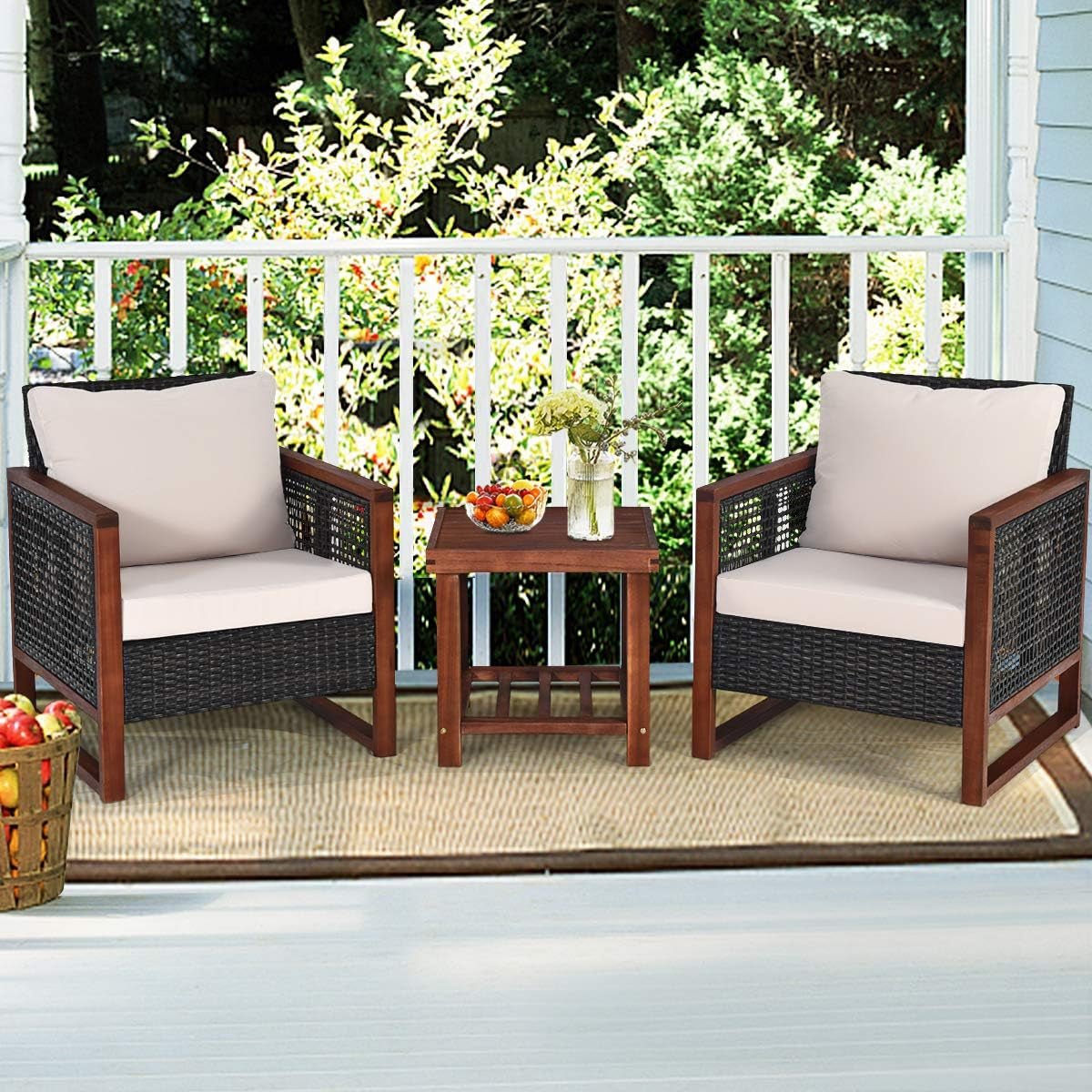 3 Pieces Outdoor Patio Furniture Set Wicker Chairs with Coffee Table, Balcony Porch Furniture Bistro Set with Wood Frame and Washable Cushions for Garden Poolside Backyard - Purely Goods