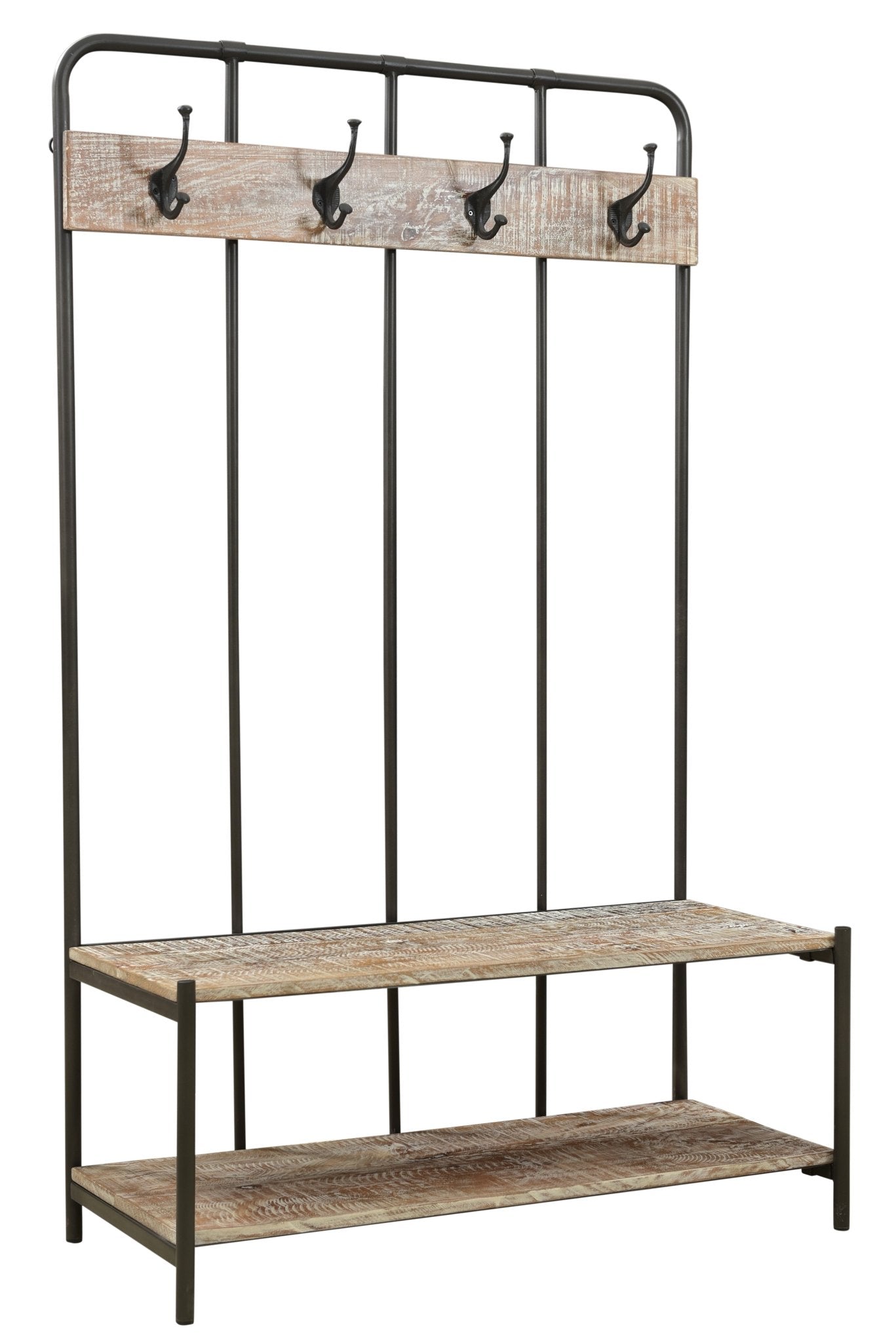 71" Black And Brown Metal And Solid Wood Four Hooks Freestanding Coat Rack - Purely Goods