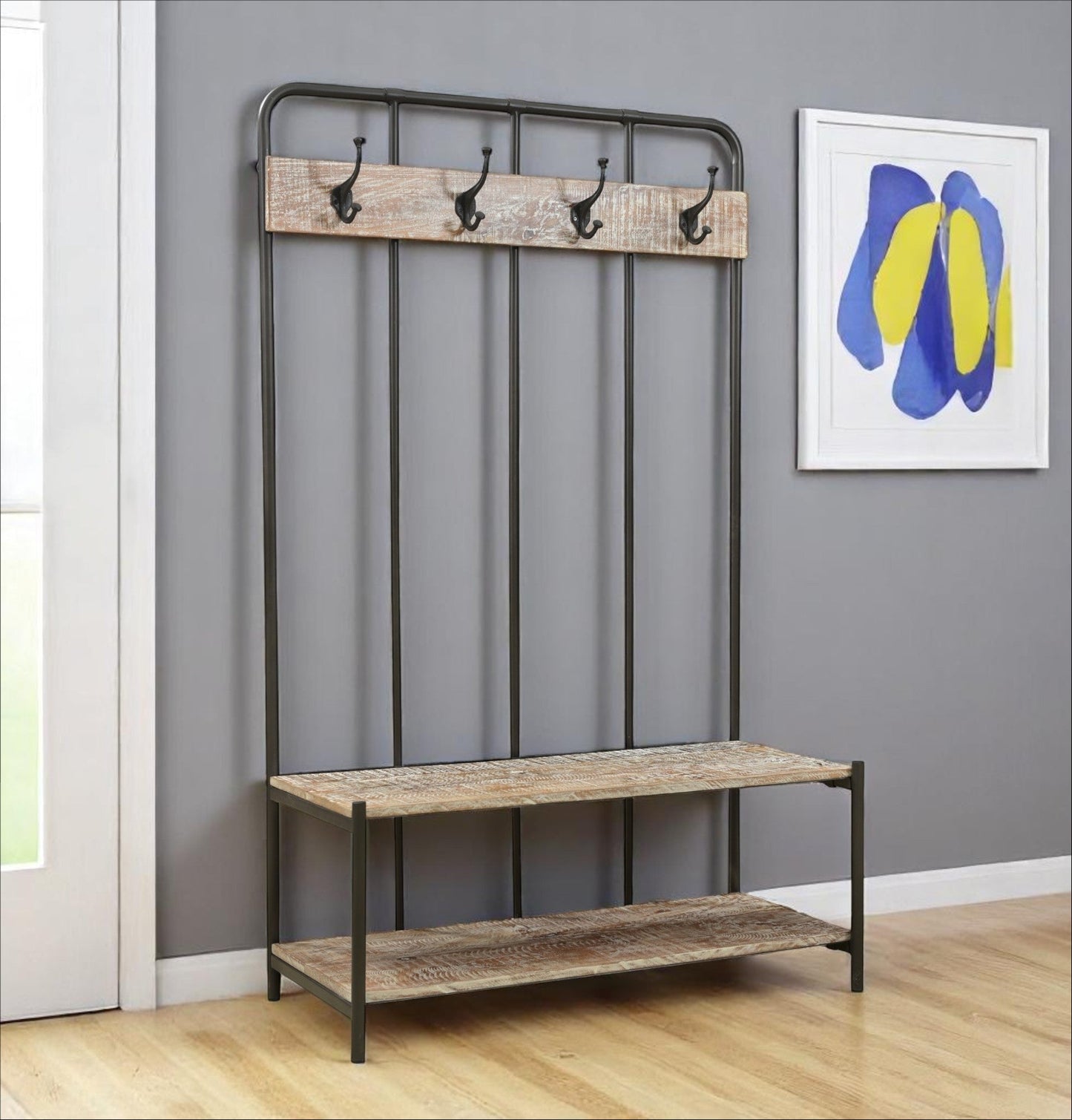 71" Black And Brown Metal And Solid Wood Four Hooks Freestanding Coat Rack - Purely Goods