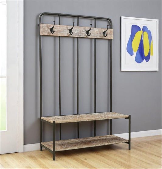 71" Black And Brown Metal And Solid Wood Four Hooks Freestanding Coat Rack - Purely Goods