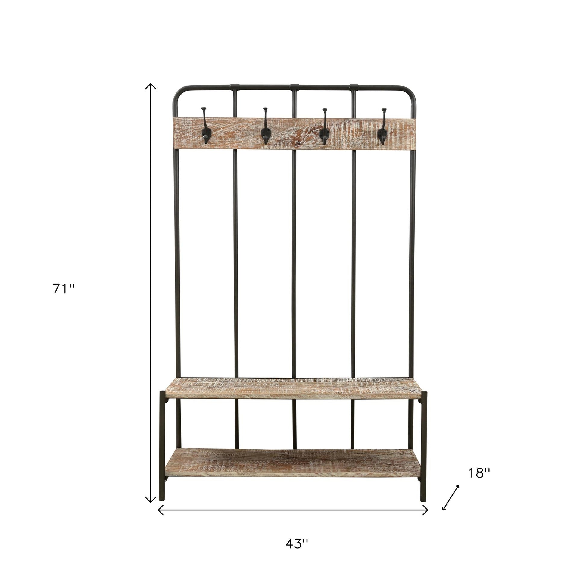 71" Black And Brown Metal And Solid Wood Four Hooks Freestanding Coat Rack - Purely Goods