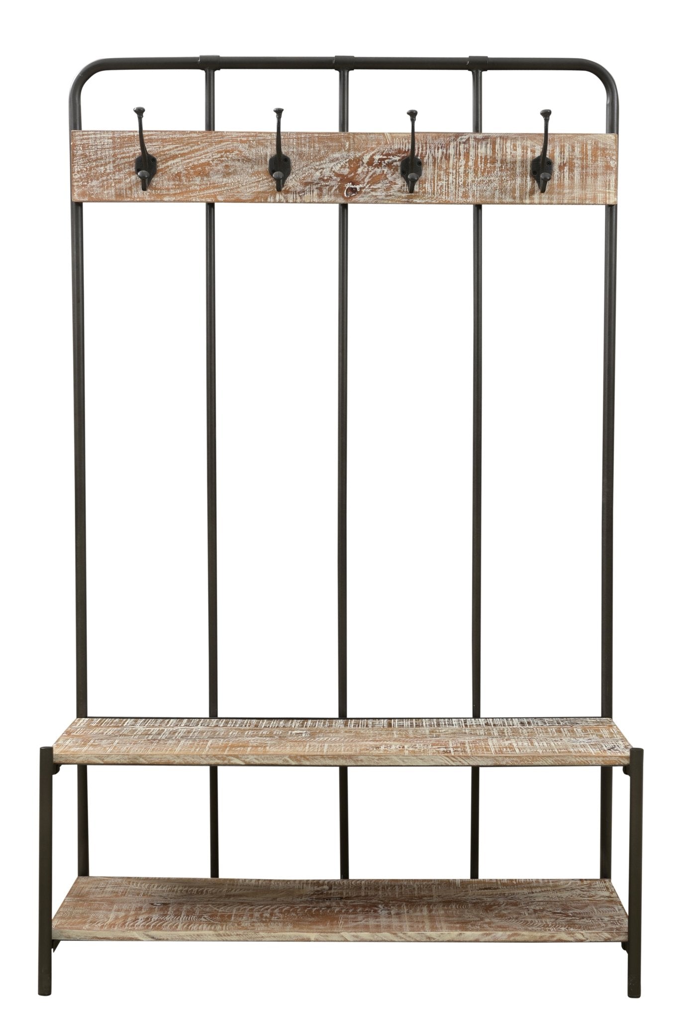 71" Black And Brown Metal And Solid Wood Four Hooks Freestanding Coat Rack - Purely Goods
