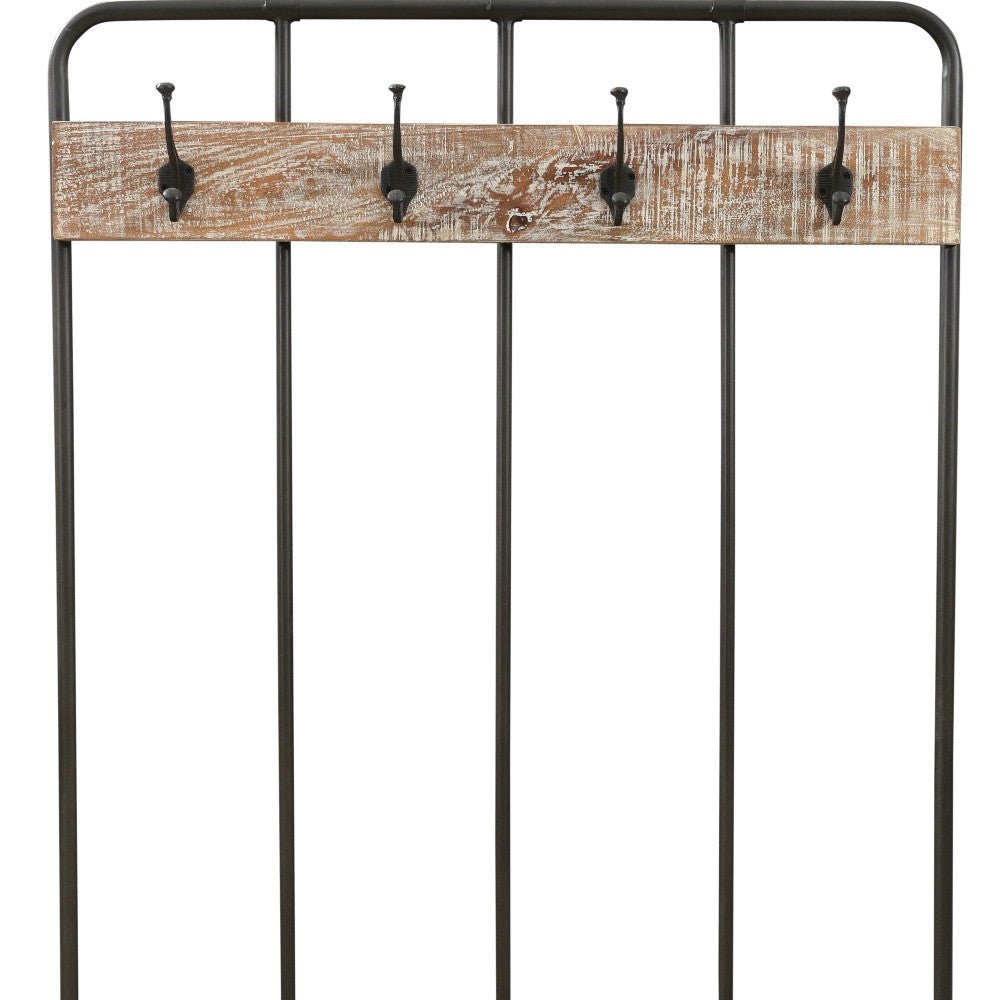 71" Black And Brown Metal And Solid Wood Four Hooks Freestanding Coat Rack - Purely Goods