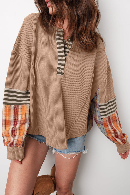 Aaliyah Waffle Stripe Plaid Patchwork Henley Knit Top - Purely Goods