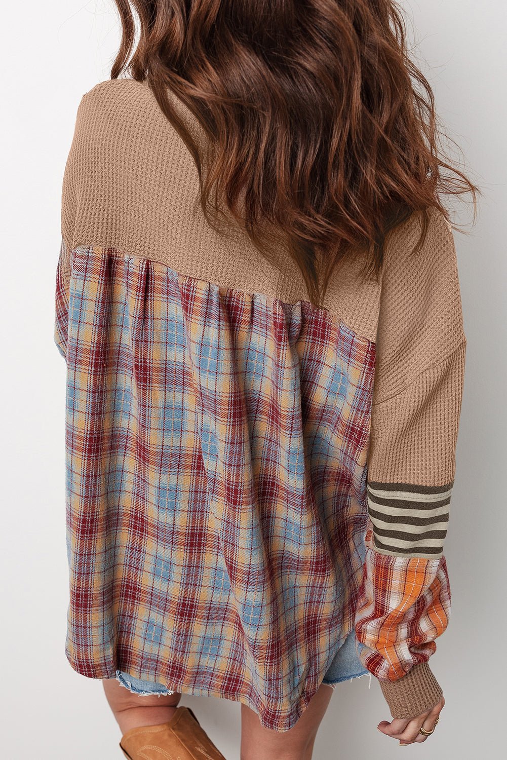 Aaliyah Waffle Stripe Plaid Patchwork Henley Knit Top - Purely Goods