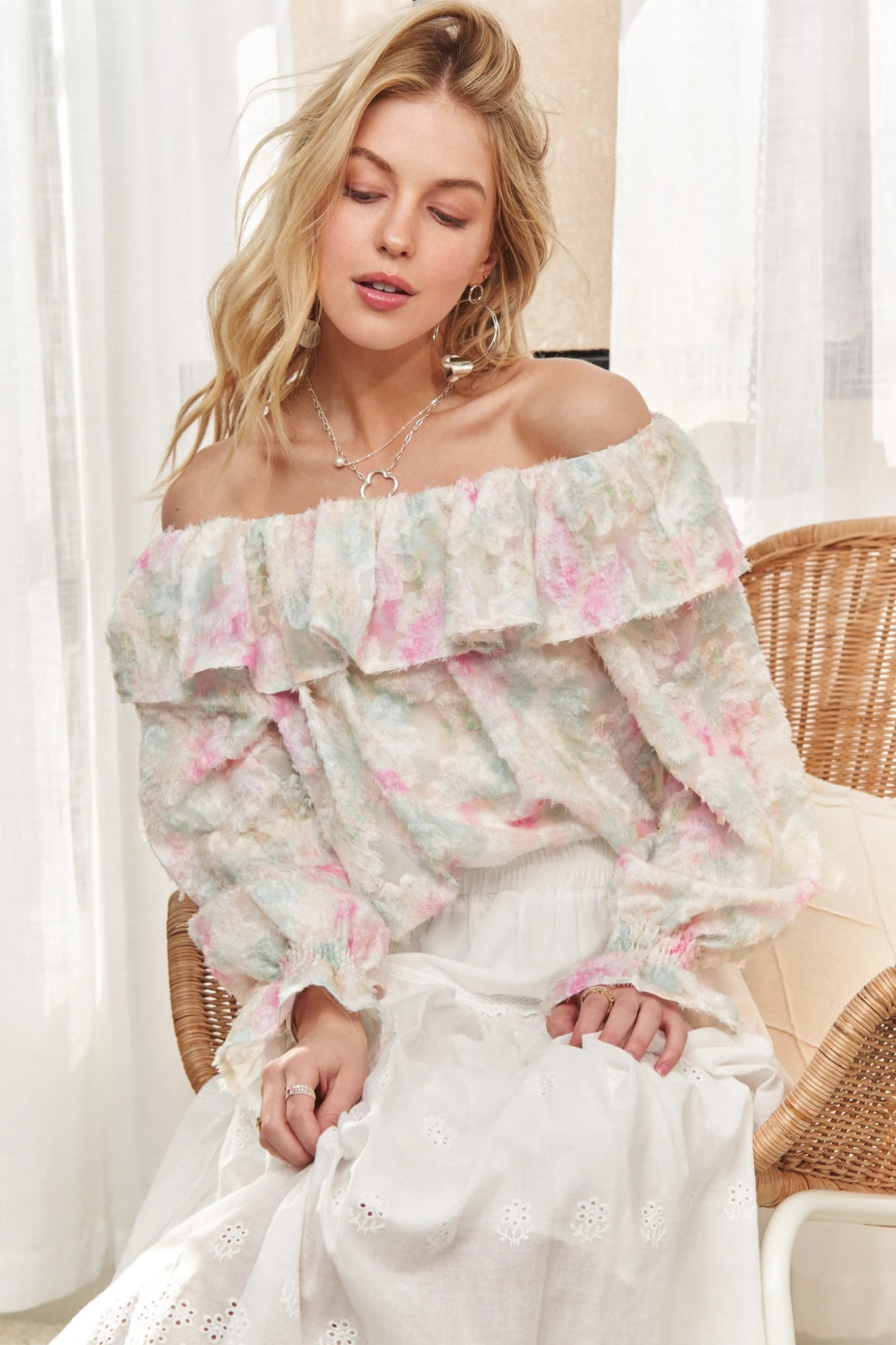 ADORA Ruffled Off Shoulder Floral Blouse - Purely Goods