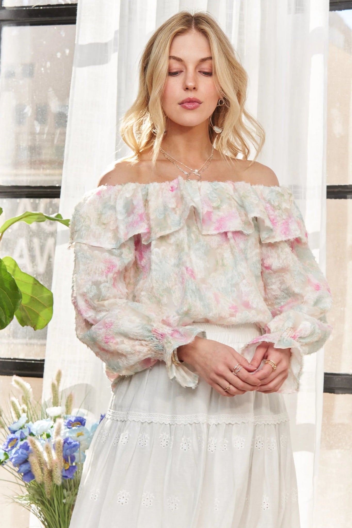 ADORA Ruffled Off Shoulder Floral Blouse - Purely Goods