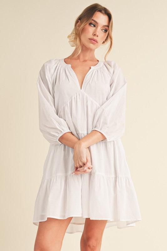 Aemi + Co Notched Balloon Sleeve Tiered Mini Dress - Purely Goods