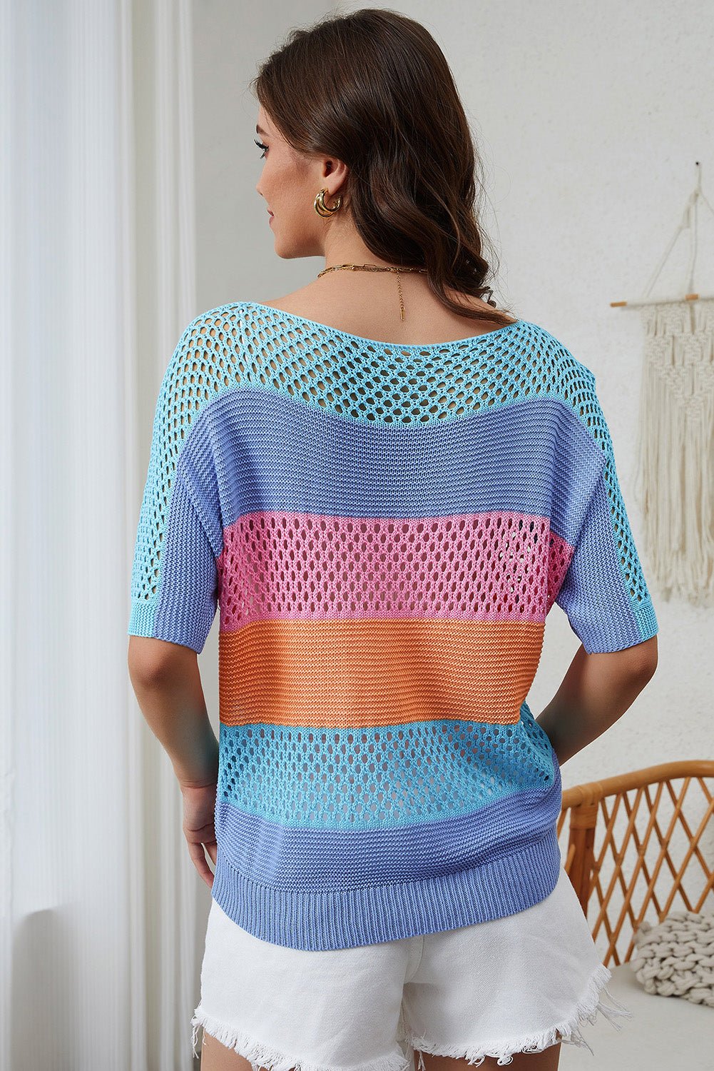 April Knitted Eyelet Colorblock Striped Half Sleeves Top - Purely Goods