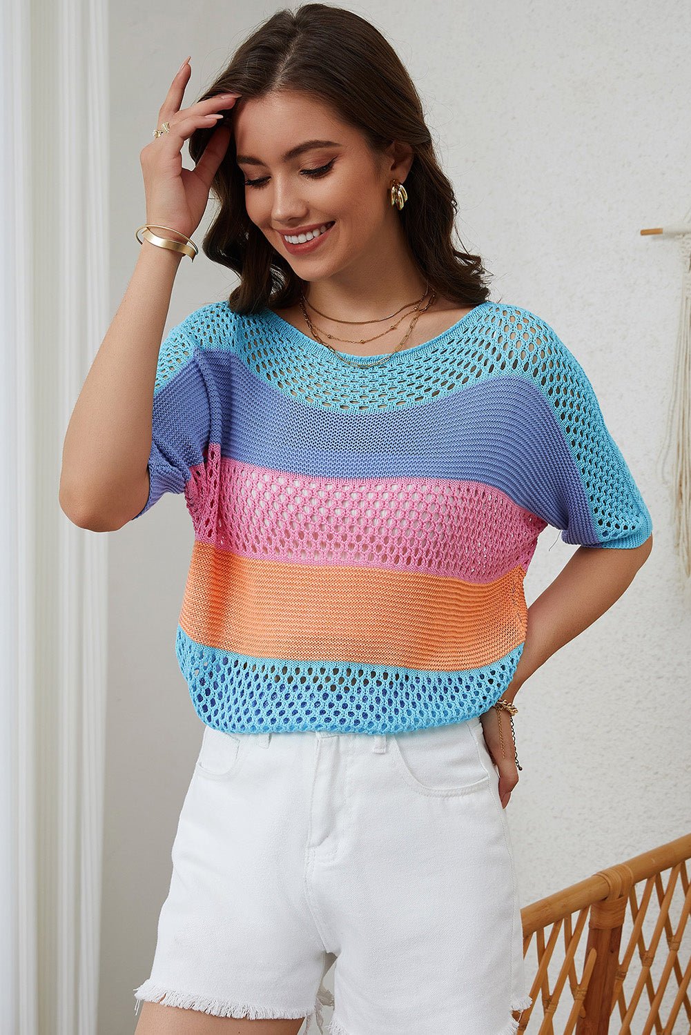 April Knitted Eyelet Colorblock Striped Half Sleeves Top - Purely Goods