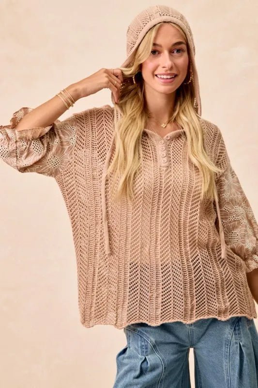 BiBi Jacquard Flower Puff Sleeve Hooded Knit Top - Purely Goods