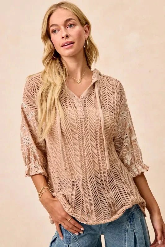 BiBi Jacquard Flower Puff Sleeve Hooded Knit Top - Purely Goods