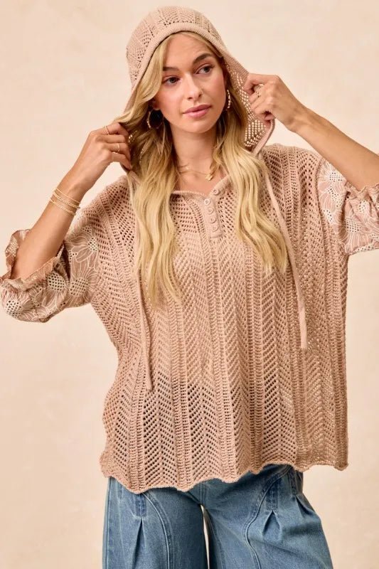 BiBi Jacquard Flower Puff Sleeve Hooded Knit Top - Purely Goods
