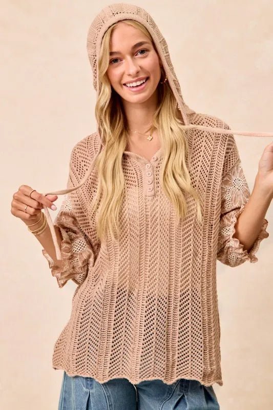 BiBi Jacquard Flower Puff Sleeve Hooded Knit Top - Purely Goods