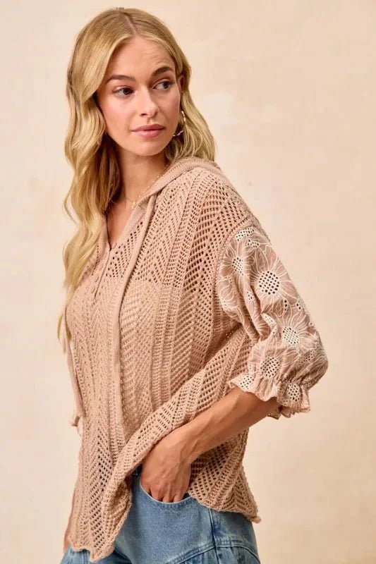 BiBi Jacquard Flower Puff Sleeve Hooded Knit Top - Purely Goods
