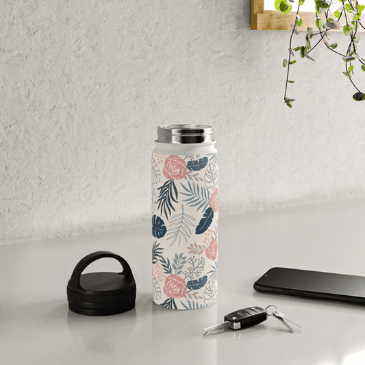 Blue & Blush Tropical Floral Handle Lid Water Bottle - Purely Goods