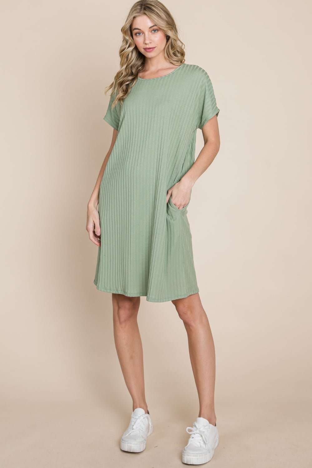 BOMBOM Ribbed Round Neck Short Sleeve Dress - Purely Goods