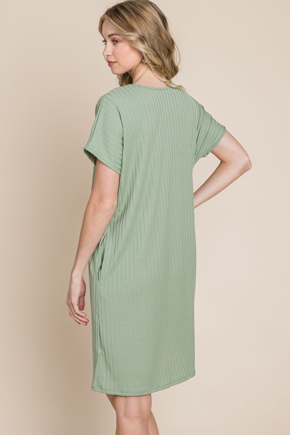 BOMBOM Ribbed Round Neck Short Sleeve Dress - Purely Goods