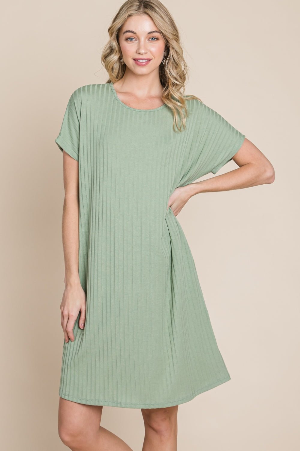 BOMBOM Ribbed Round Neck Short Sleeve Dress - Purely Goods