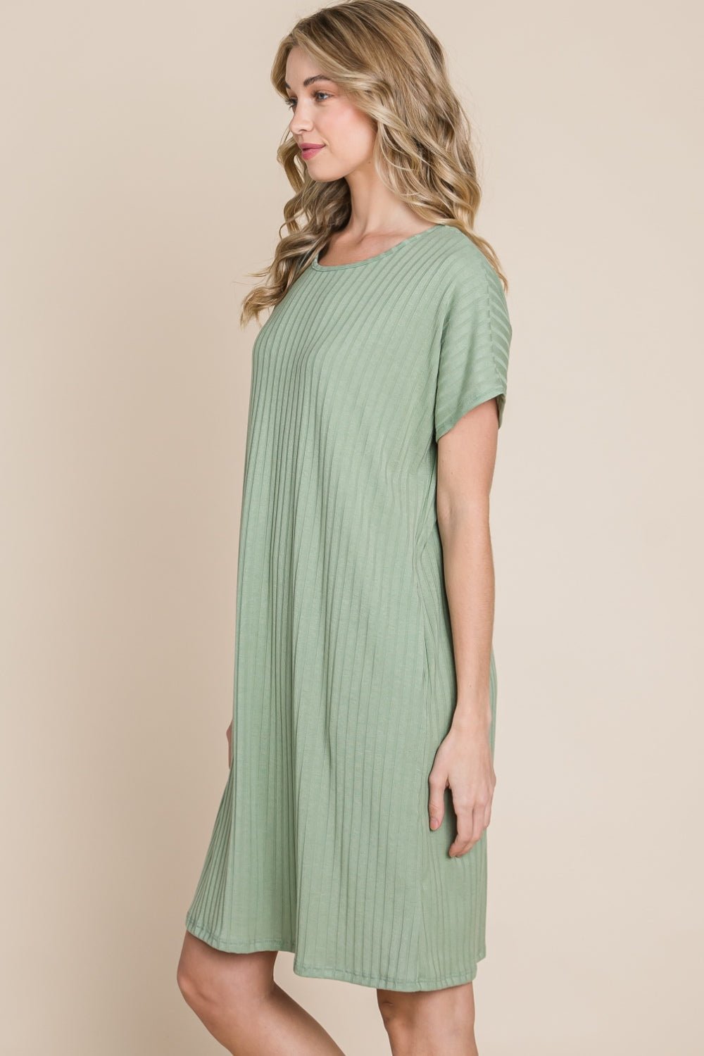 BOMBOM Ribbed Round Neck Short Sleeve Dress - Purely Goods