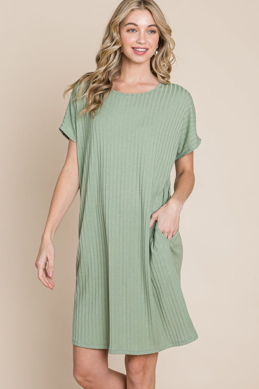 BOMBOM Ribbed Round Neck Short Sleeve Dress - Purely Goods