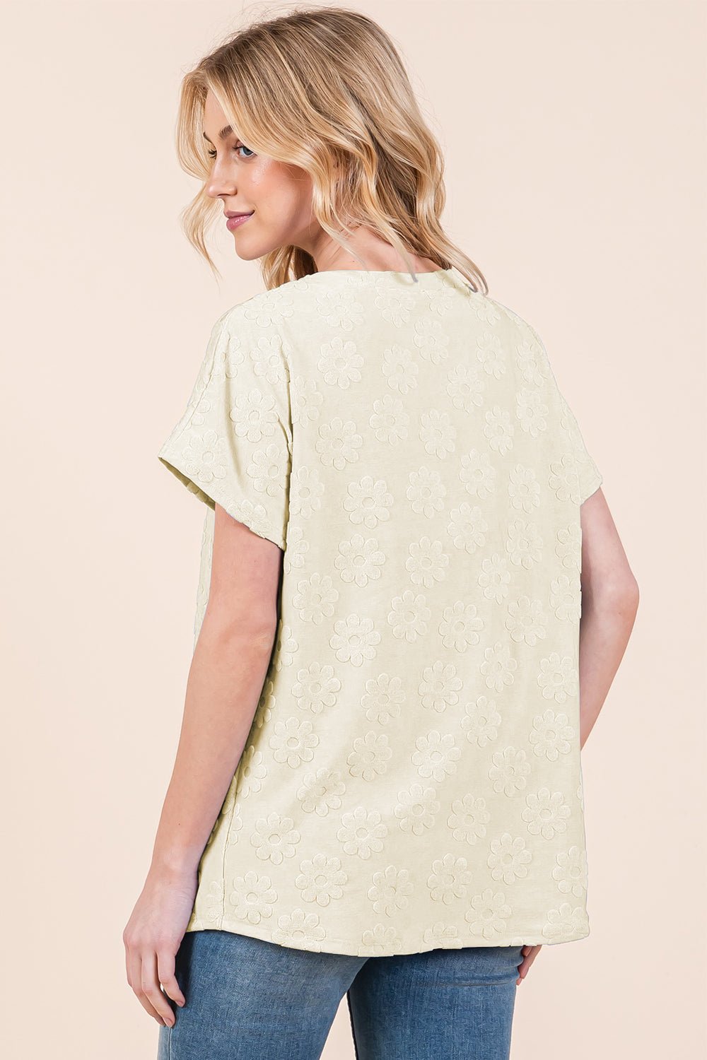 BOMBOM Textured Floral Pattern Short Sleeve T-Shirt - Purely Goods