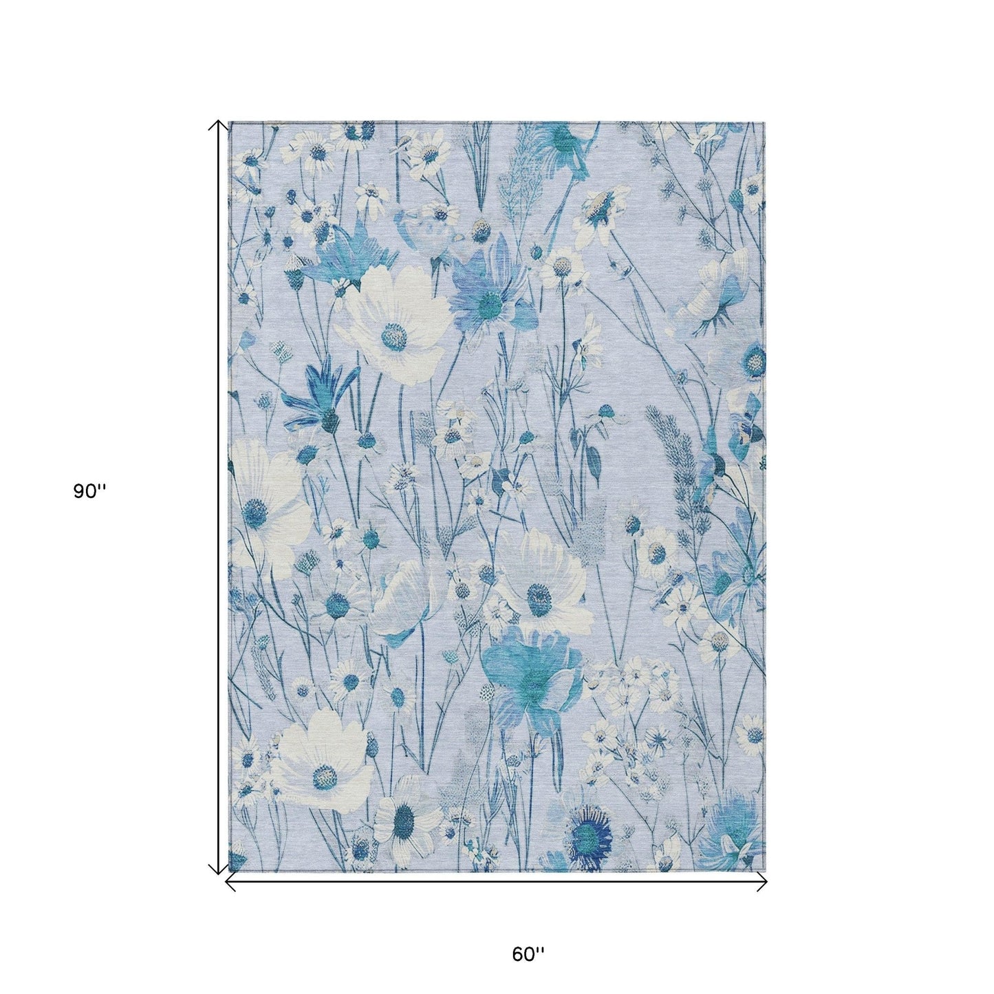 Homeroots sky blue floral washable area rug 60 x 90 inches outdoor floral pattern with white blooms