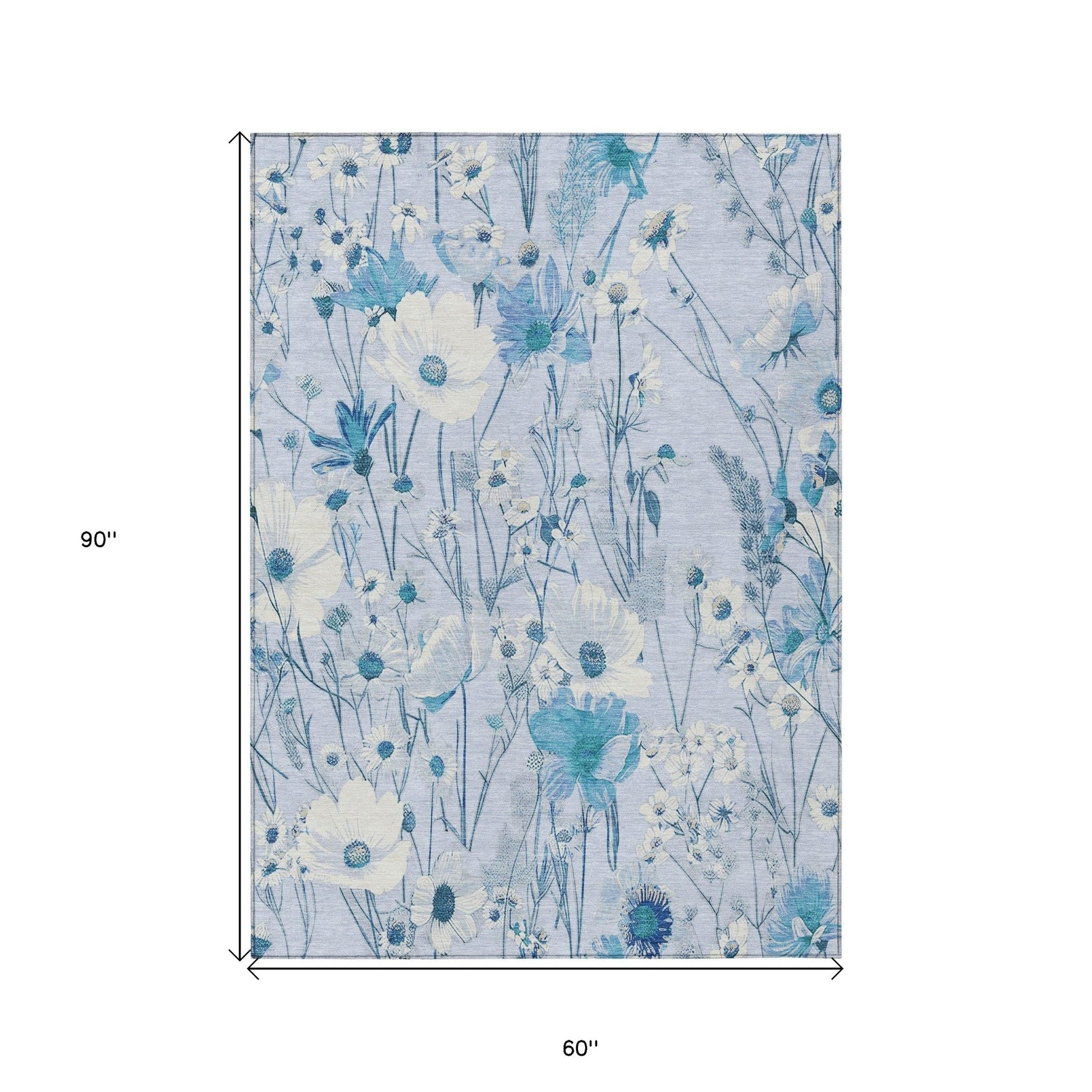 Homeroots sky blue floral washable area rug 60 x 90 inches outdoor floral pattern with white blooms