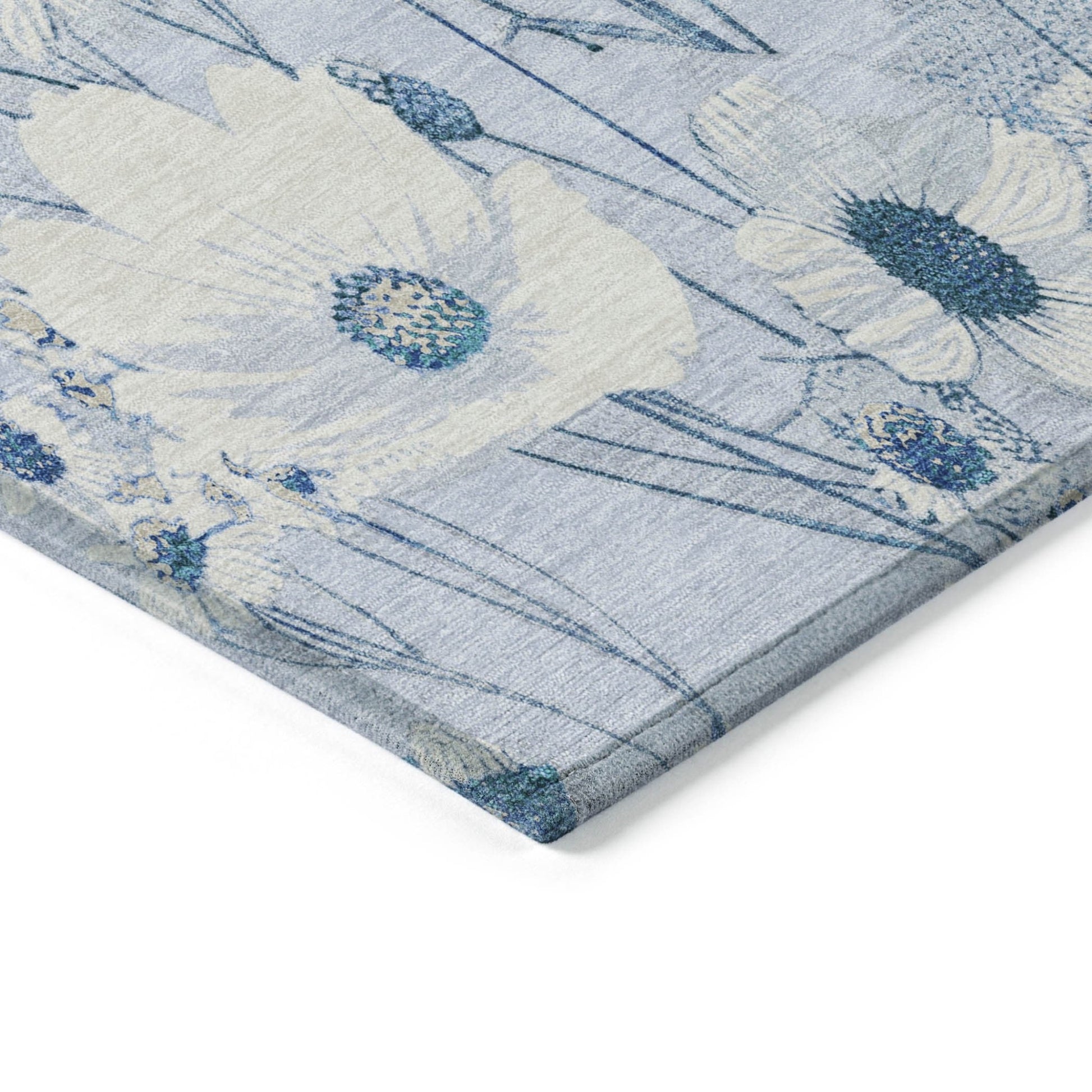 Homeroots sky blue floral washable area rug close up with large white flowers blue centers and flatweave texture