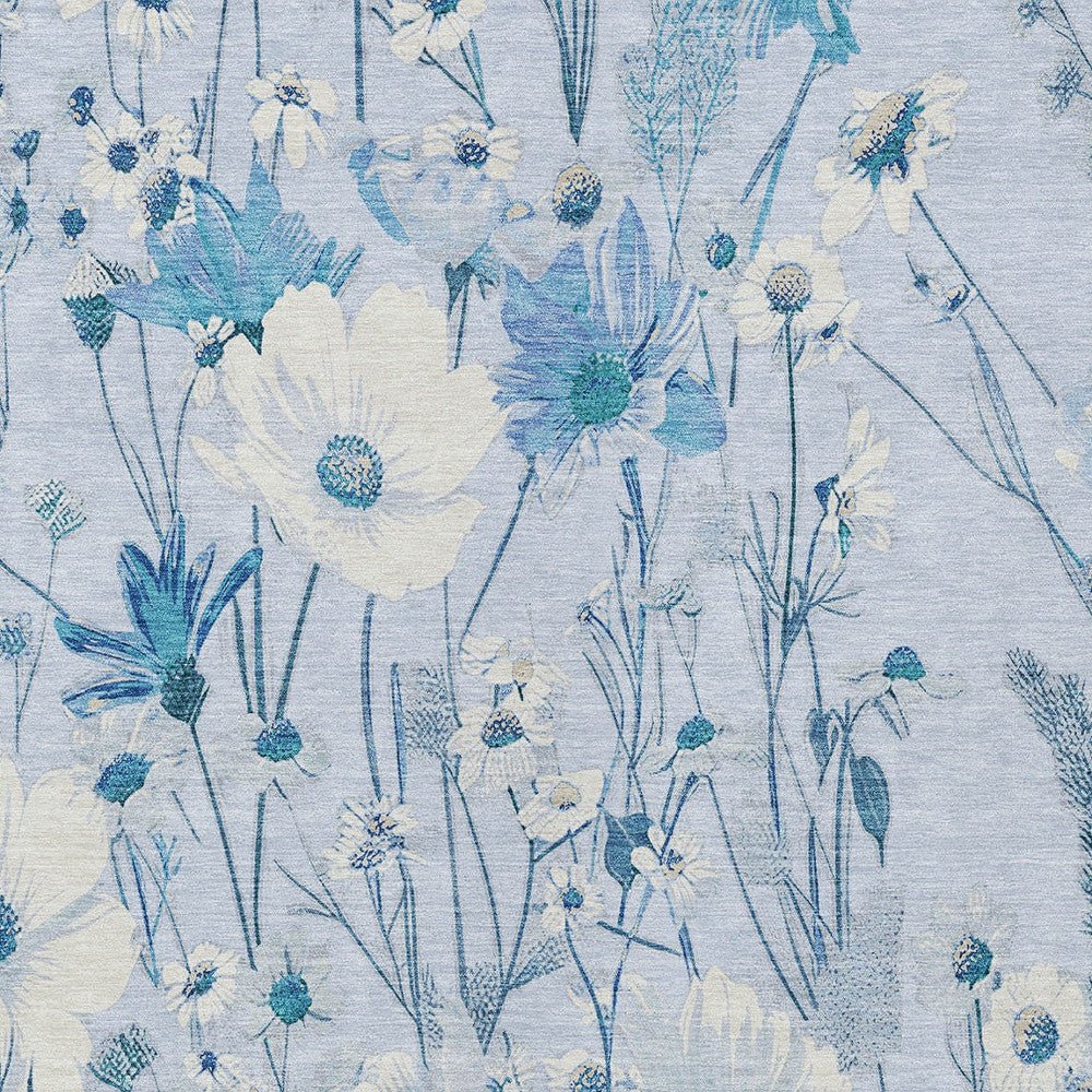 Homeroots sky blue floral washable area rug with delicate white and blue wildflower print for outdoor patios