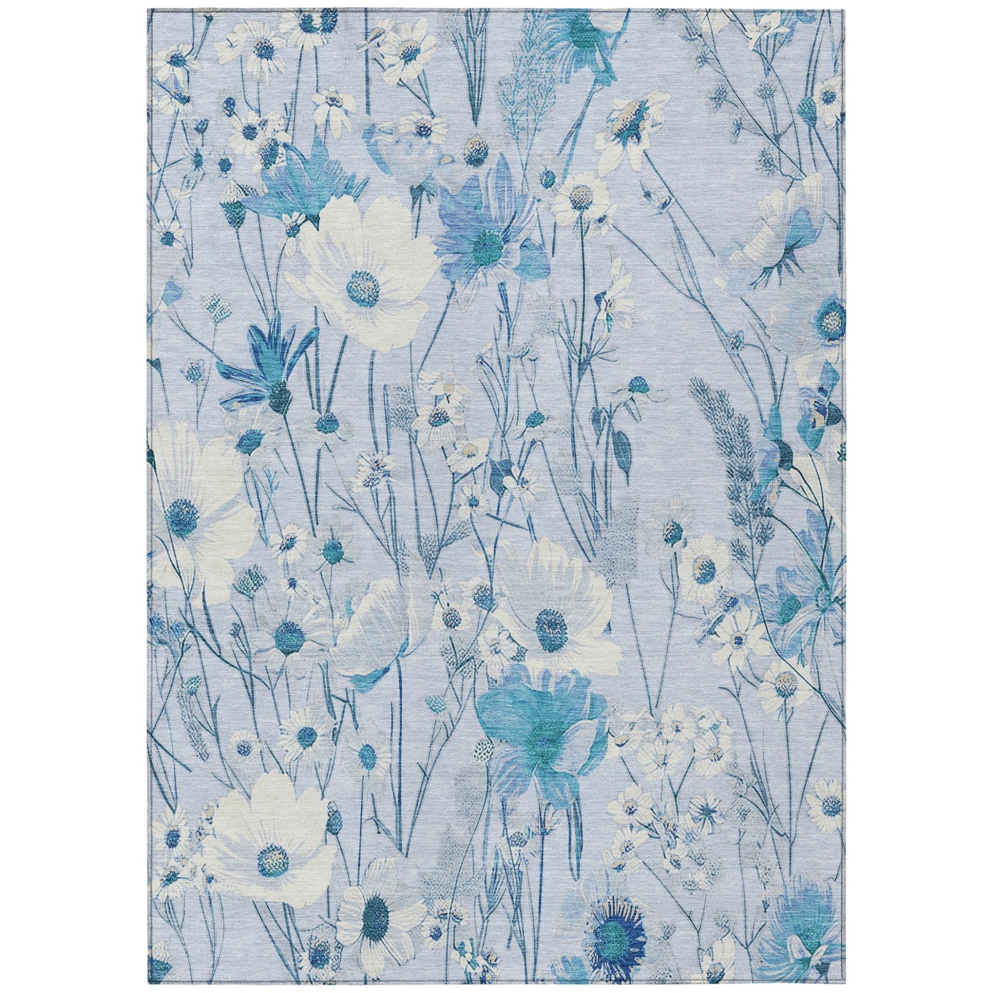 Homeroots sky blue floral washable area rug with delicate wildflower print for patio or porch