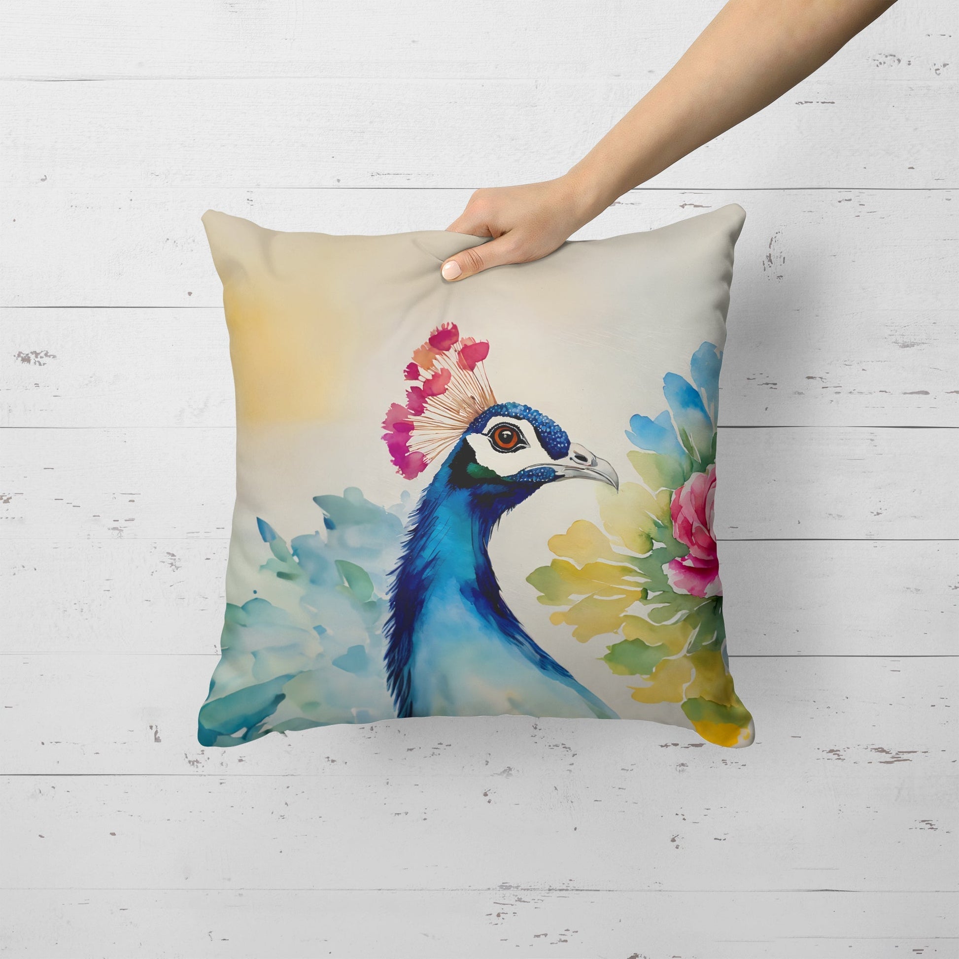 Carolines Treasures peacock throw pillow watercolor peacock head with colorful floral design on beige background