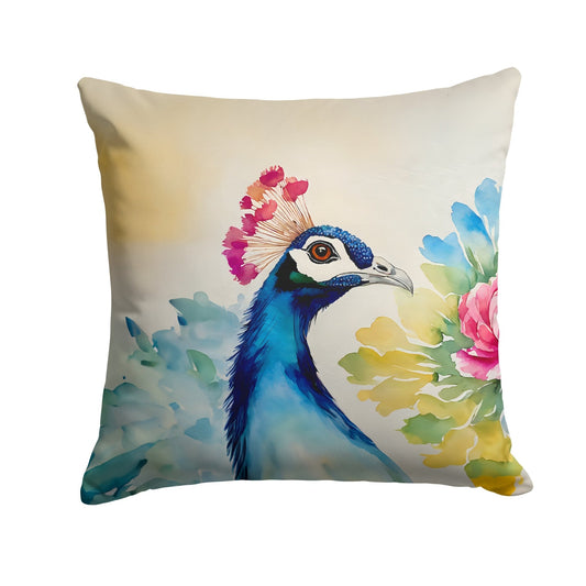 Carolines Treasures decorative peacock throw pillow featuring watercolor blue peacock head and pastel florals