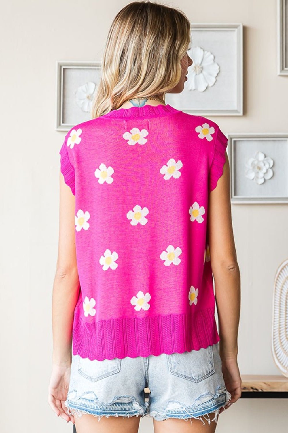 First Love Full Size Flower Pattern Round Neck Sweater Vest - Purely Goods