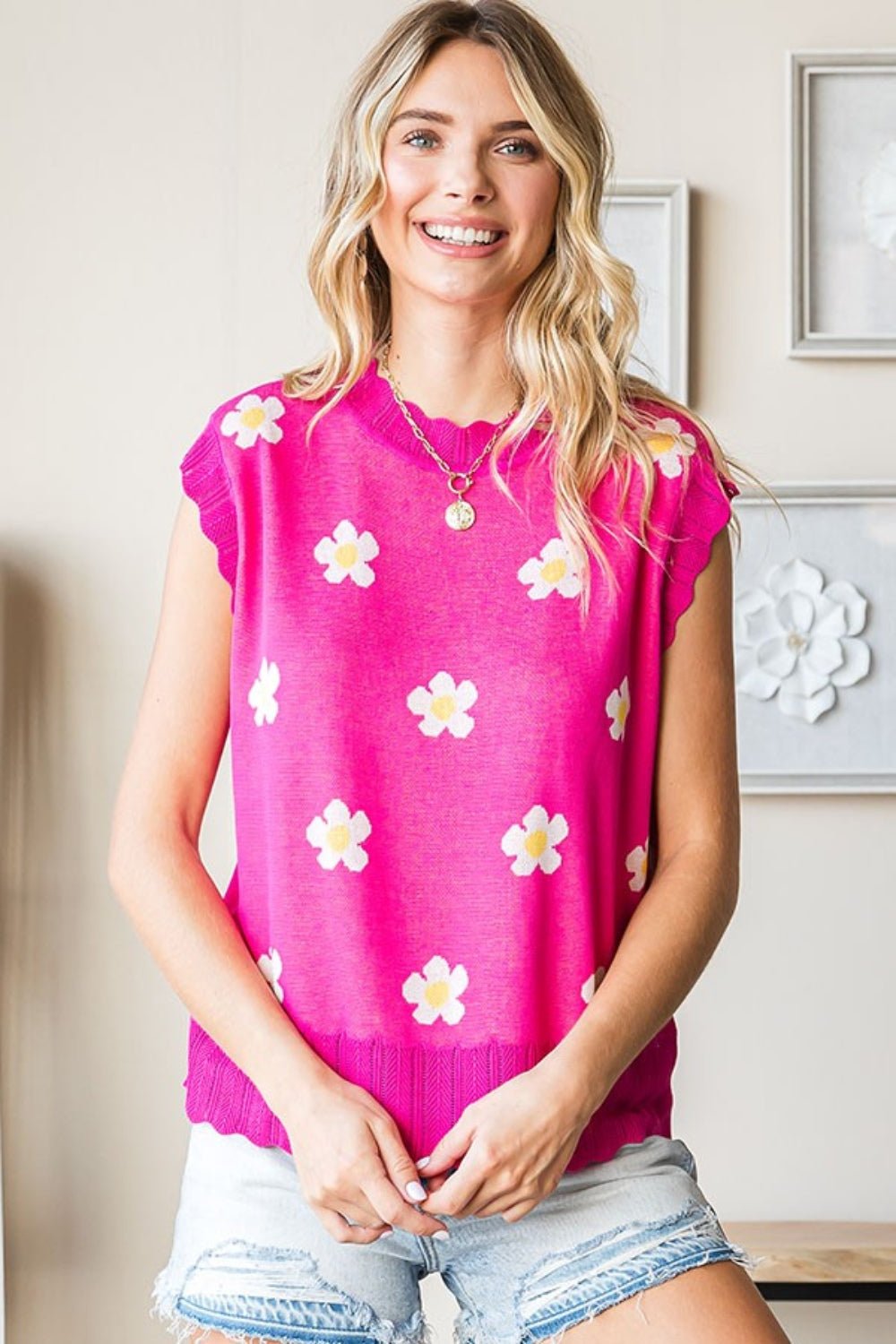 First Love Full Size Flower Pattern Round Neck Sweater Vest - Purely Goods