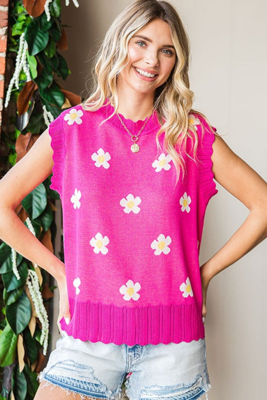 First Love Full Size Flower Pattern Round Neck Sweater Vest - Purely Goods