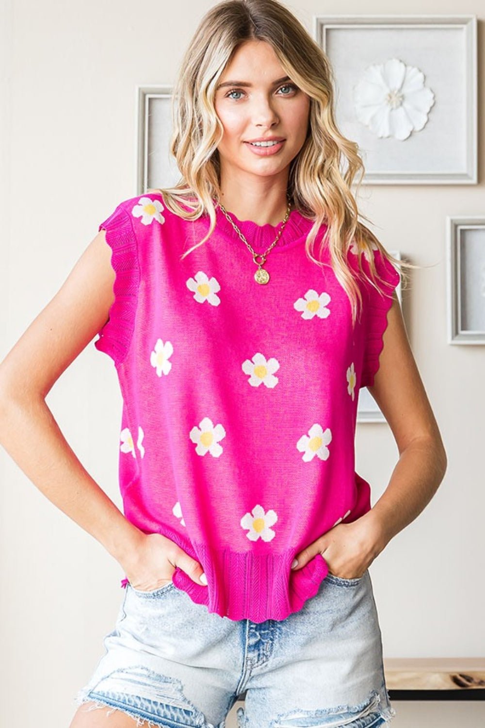 First Love Full Size Flower Pattern Round Neck Sweater Vest - Purely Goods