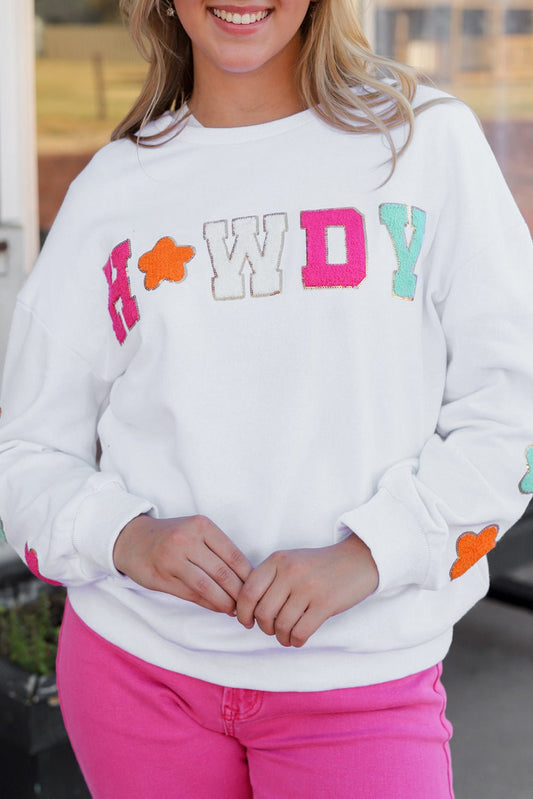 Threaded Pear white relaxed crewneck Howdy patch sweatshirt with multicolor chenille letters and star sleeve patches