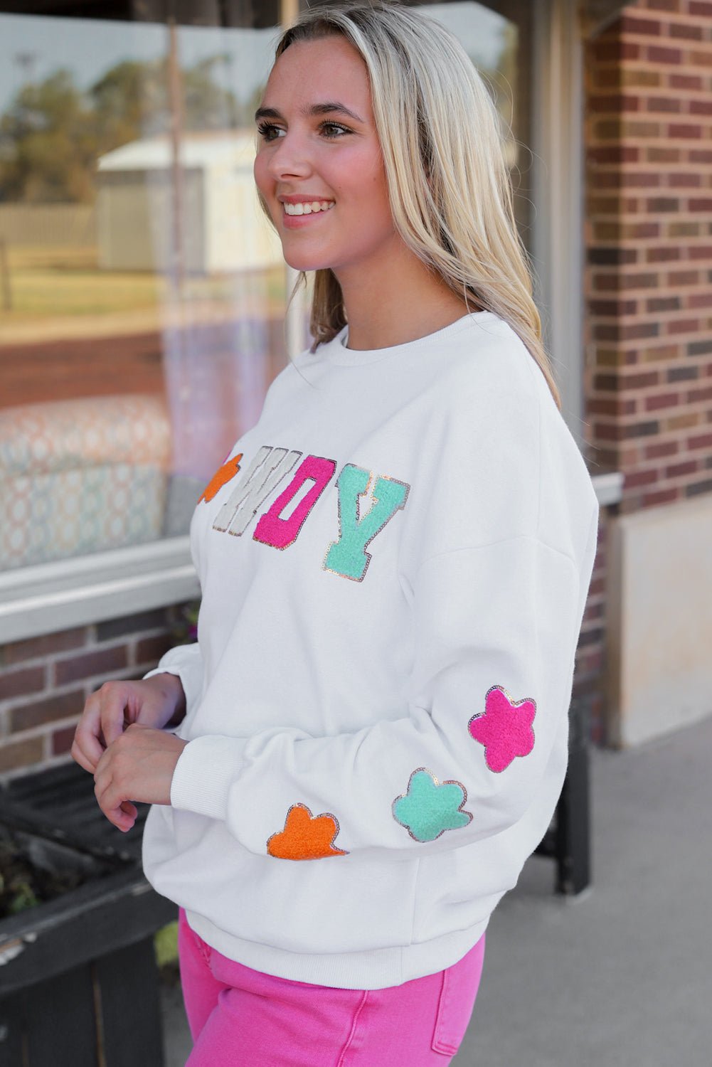 Threaded Pear white womens Howdy patch sweatshirt with colorful letter and star appliques casual cozy pullover