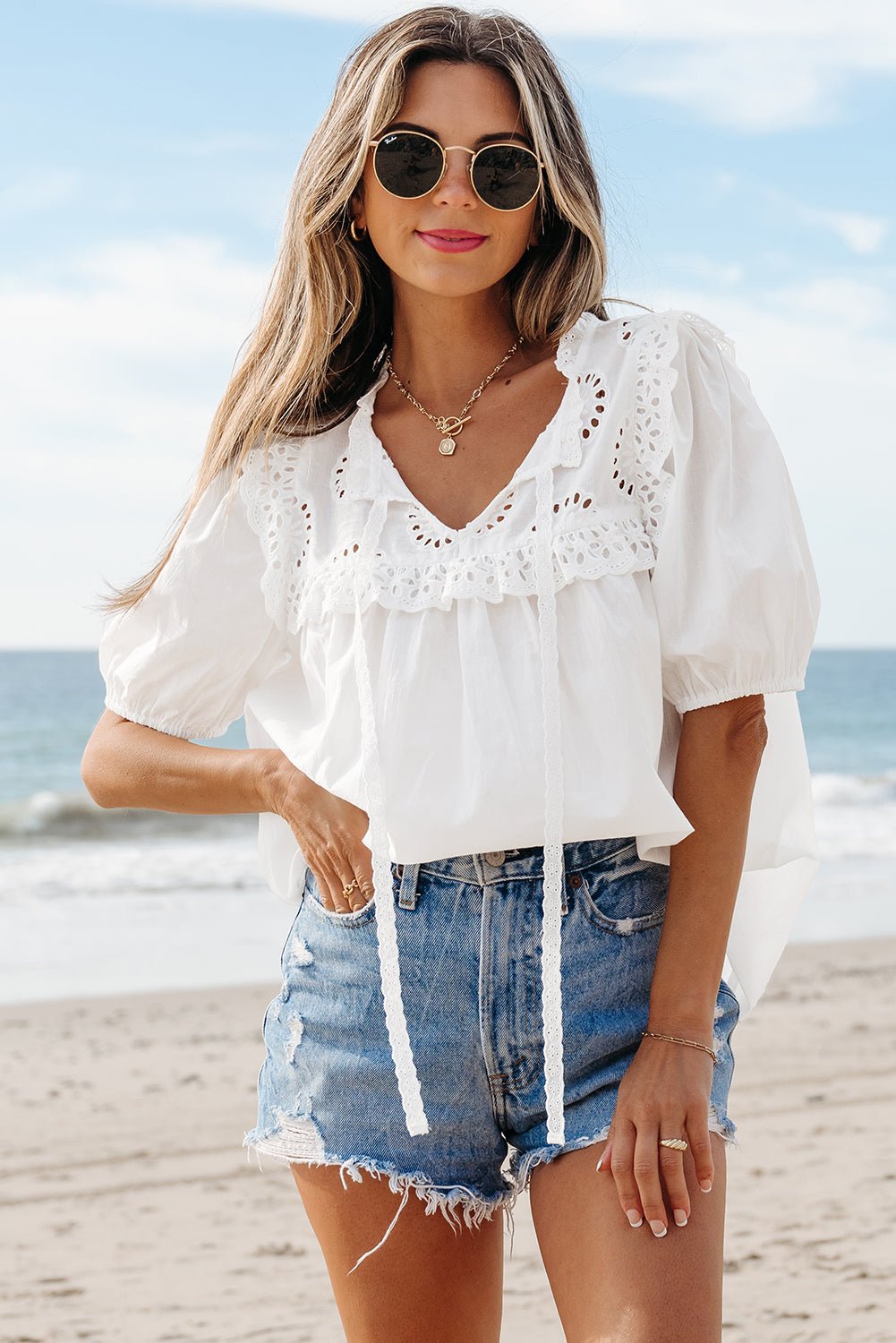 Ivory Embroidered Lace Tie Blouse - Purely Goods