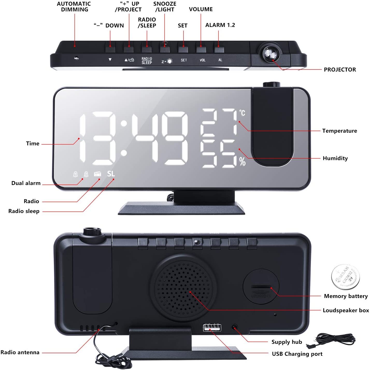 LED Projection Digital Alarm Clock Phone Charger - Purely Goods