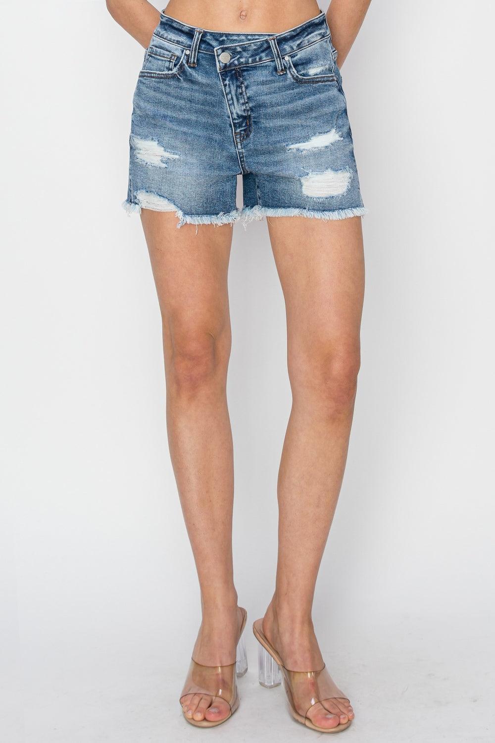 RISEN Stepped Waist Frayed Denim Shorts - Purely Goods
