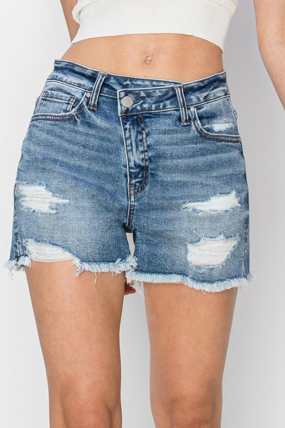 RISEN Stepped Waist Frayed Denim Shorts - Purely Goods